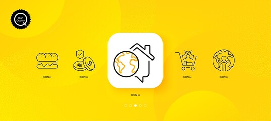 Fototapeta na wymiar Burger, Cross sell and Global business minimal line icons. Yellow abstract background. Savings insurance, Work home icons. For web, application, printing. Vector