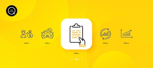 Fototapeta na wymiar Update data, Sallary and Car leasing minimal line icons. Yellow abstract background. Clipboard, Chart icons. For web, application, printing. Sales chart, Person earnings, Transport discount. Vector