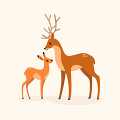Fototapeta na wymiar Mother and her child - deer and fawn. Decorative greeting card. Flat line vector illustration.