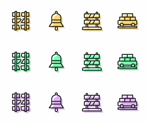 Set line End of railway tracks, Broken or cracked, Train station bell and Cargo train wagon icon. Vector