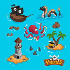 Cartoon pirate map. Nursery characters of caribbean journey. Isometric art with ocean monsters. Kraken, serpent and treasure chest