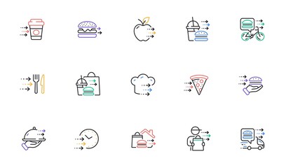Food delivery line icons. Online order, Eat pizza, Fast grocery service. Home delivery, Burger or cheeseburger, Courier with food outline icons. Smartphone order, Coffee deliver, Apple fruit. Vector