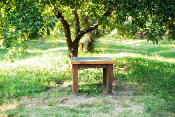 Cozy Interior Courtyard with table. Empty table on Sunny day. Garden furniture for leisure in nature. Wooden table under the tree in summer orchard. Wooden outdoor furniture set for Picnic in garden. 