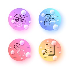 Checklist, Cleaning and Lungs minimal line icons. 3d spheres or balls buttons. Reject click icons. For web, application, printing. Questioning clipboard, Maid service, Respiratory pneumonia. Vector