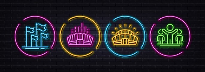 Arena stadium, Sports stadium and Flags minimal line icons. Neon laser 3d lights. Winner icons. For web, application, printing. Competition building, Championship arena, Success. Best results. Vector