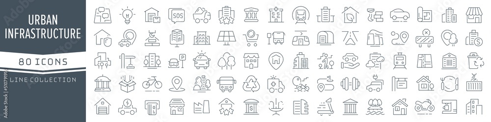 Poster Urban and infrastructure line icons collection. Big UI icon set in a flat design. Thin outline icons pack. Vector illustration EPS10
