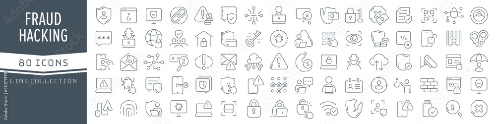 Poster Fraud and hacking line icons collection. Big UI icon set in a flat design. Thin outline icons pack. Vector illustration EPS10