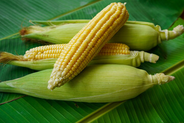 Cobs of ripe raw corn lay on a green banana leaf.