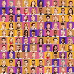 Mitarbeiter Portraits aus verschiedenen Berufen vor buntem Hintergrund