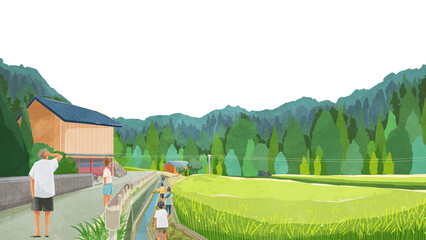 夏の水田のある風景手書き水彩風イラスト