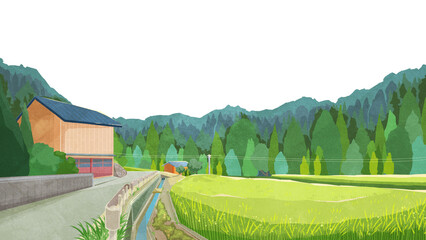 夏の水田のある風景手書き水彩風イラスト © Ko hamari