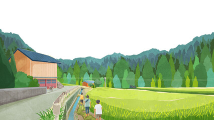 夏の水田のある風景手書き水彩風イラスト