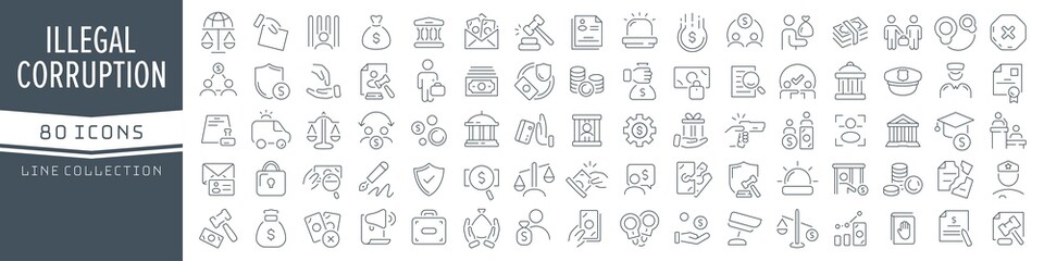 Corruption and illegal line icons collection. Big UI icon set in a flat design. Thin outline icons pack. Vector illustration EPS10