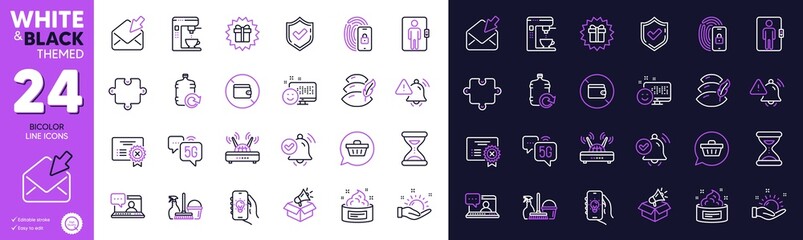 Megaphone box, Puzzle and Notification received line icons for website, printing. Collection of Surprise gift, Elevator, Attention bell icons. Wifi, Friends chat, Shopping cart web elements. Vector