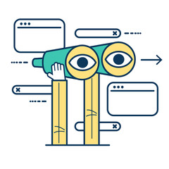 Internet search concept. The process of discovery and research in the network. Cartoon man looks with binoculars.