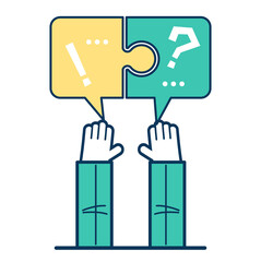 Puzzle in the shape of a speech bubble in human hands. The solution of the task. Achieving business goals.