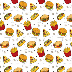 fast food seamless pattern . hamburgers, French fries, hot dogs,pizzas ,a glass of drink.vector illustration