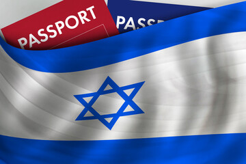 Israeli flag background and passport of Israel. Citizenship, official legal immigration, visa,...