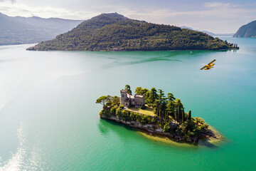 Lake Iseo, Italy, Loreto Island, aerial view with seaplane