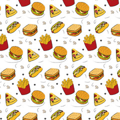 fast food seamless pattern . hamburgers, French fries, hot dogs,pizzas ,a glass of drink.vector illustration