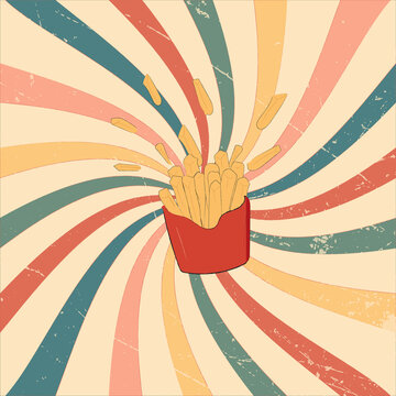 hand-drawn French fries on a multicolored vintage background. 2d vector illustration