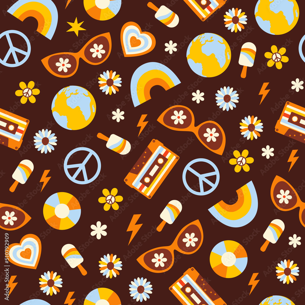 Poster Retro groovy seamless pattern with hippie elements on a brown background. Vector illustration in style 70s, 80s