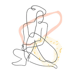 Fototapeta premium Vector outline black and white illustration of woman body. One line drawing isolated on white background. Use it for design card, poster, banner, social Media post, fashion print, beaty salon logo