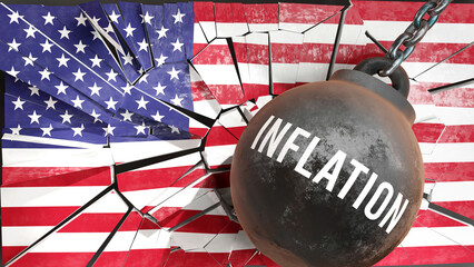 Inflation and USA America, destroying economy and ruining the nation. Inflation wrecking the country and causing  general decline in living standards.,3d illustration - obrazy, fototapety, plakaty