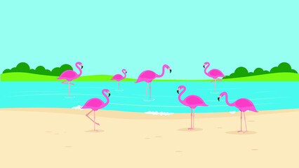 Fototapeta na wymiar A family of pink flamingos stand by the lake