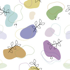 Trendy nature contemporary seamless pattern. Drawn leafy plants, dots, soft colorful abstract shapes. Vector illustration with white isolated background.