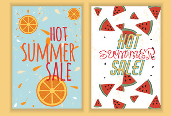 A set of empty templates with the inscription hot summer sale on the background of watermelon slices and on the background of oranges. Design of advertising banners.