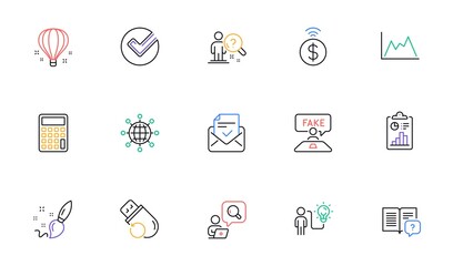 Paint brush, Flash memory and Inspect line icons for website, printing. Collection of Instruction manual, Approved mail, Search employee icons. Fake review, Contactless payment. Vector