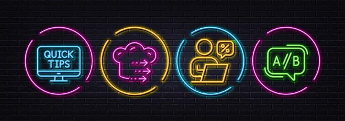 Online discounts, Food delivery and Web tutorials minimal line icons. Neon laser 3d lights. Ab testing icons. For web, application, printing. Internet sale, Chef cook, Quick tips. Test chat. Vector
