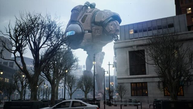 A giant robot destroys and invades a peaceful city with its laser. Apocalyptic atmosphere of alien robot invasion. Animation perfect for apocalyptic, technological, sci-fi and space backgrounds.