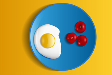 scrambled eggs with tomatoes on a blue plate. vector illustration