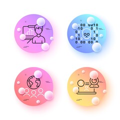 Global business, Video conference and Binary code minimal line icons. 3d spheres or balls buttons. Presentation board icons. For web, application, printing. Vector