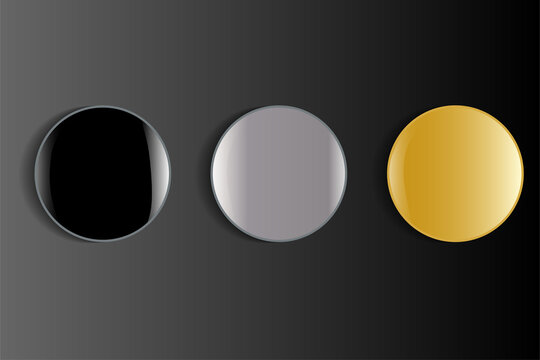 Three Round Convex Glossy Objects . Gold, Silver, And Glossy Black. On A Gray Background.