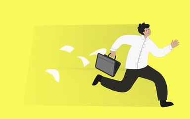 a businessman who is late for work . yellow background. vector illustration