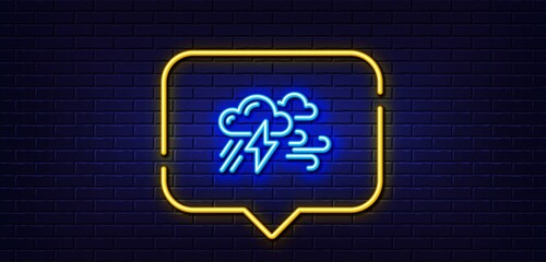 Neon light speech bubble. Clouds with raindrops, lightning, wind line icon. Bad weather sign. Neon light background. Bad weather glow line. Brick wall banner. Vector