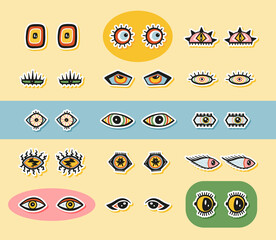 Abstract Eye Sticker Colorful Set. Various Strange Evil and Funny, Comic and Bizarre Eyes Different Shapes in Trendy Psychedelic Weird Cartoon Style Sticky Label Collection. Vector illustration.