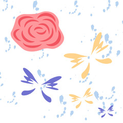 Fototapeta na wymiar Abstract pattern of a rose and butterflies on a background of blue watercolor stains