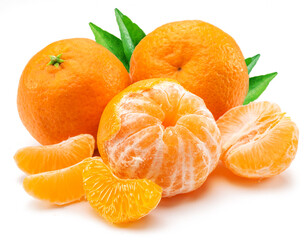 Ripe tangerine fruits with leaf and mandarin slices on white background.