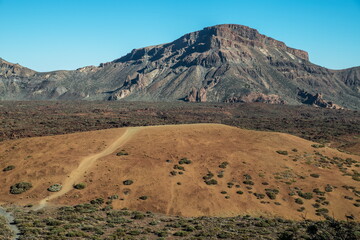 Unique landscape of Teide National Park and view of Teide Volcano peak. Tenerife Island.