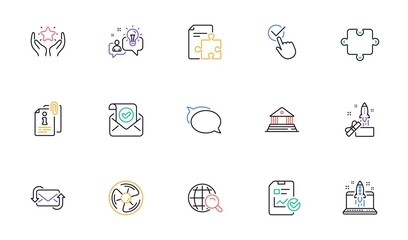 Internet search, Strategy and Report checklist line icons for website, printing. Collection of Innovation, Puzzle, Confirmed mail icons. Idea, Air fan, Talk bubble web elements. Ranking. Vector