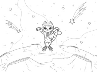 Naklejka premium Little cute astronaut cat in a spacesuit on a new planet. Coloring book page. Vector illustration isolated on white background