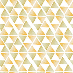 Fototapeta na wymiar Watercolor seamless pattern in retro style. Vintage geometric design, triangles, dots and circles, 60s, 70s style. Abstract forms and repeats.