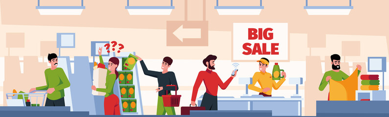 Buyers in market. People shopping products in retail store garish vector cartoon background illustration