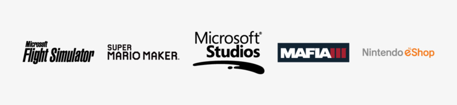 Nintendo eShop logo, Super Mario Maker logo, Microsoft Studios logo, Microsoft Flight Simulator logo, Mafia III logo, Game logo vector illustration. Isolated vector logo.