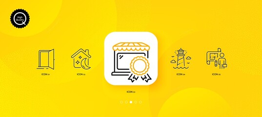 Fototapeta na wymiar Open door, Lighthouse and Plan minimal line icons. Yellow abstract background. Best market, Sleep icons. For web, application, printing. Entrance, Beacon tower, Architect plan. Certified store. Vector