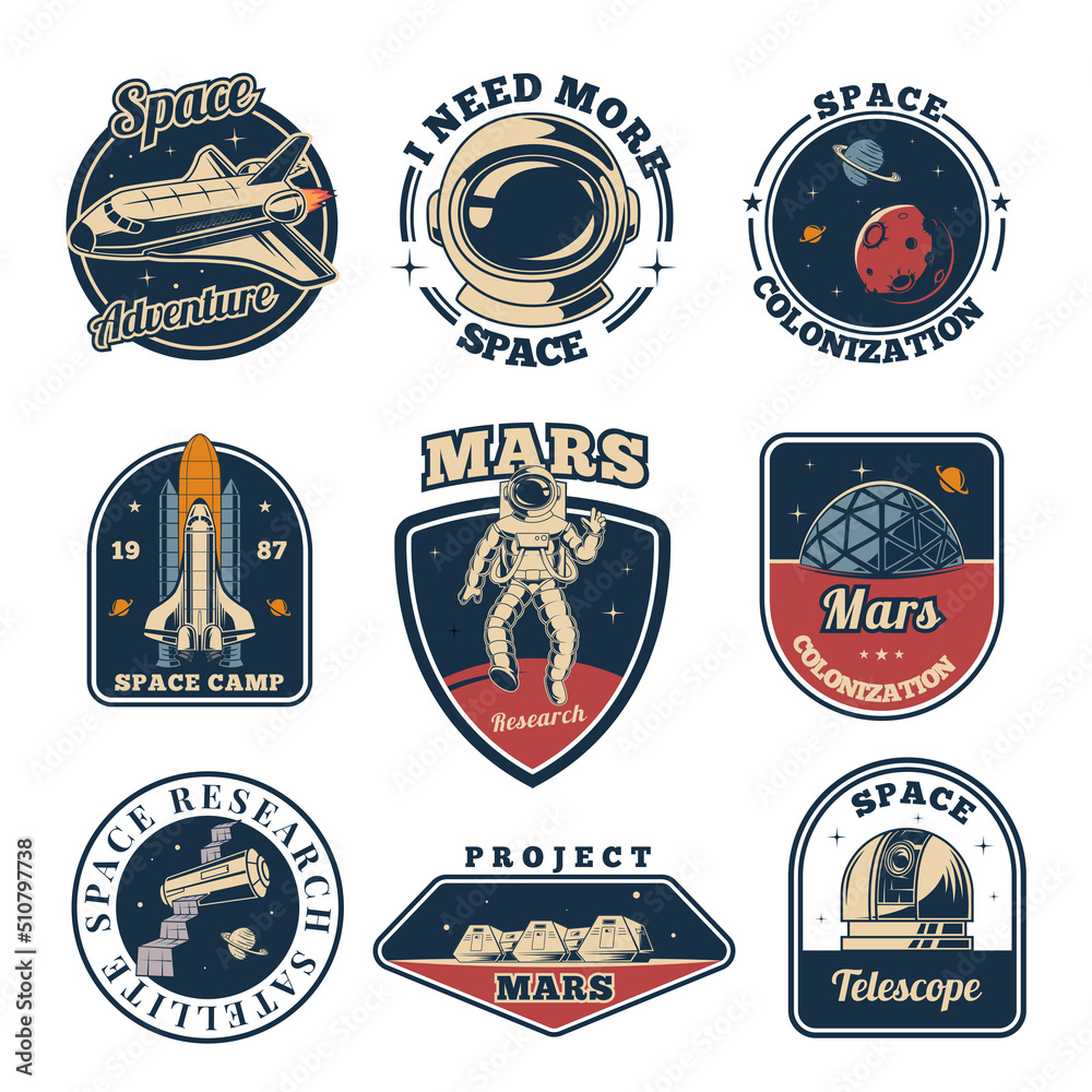 Wall mural space labels. universe emblems astronaut space exploration science with rockets and helmets professi